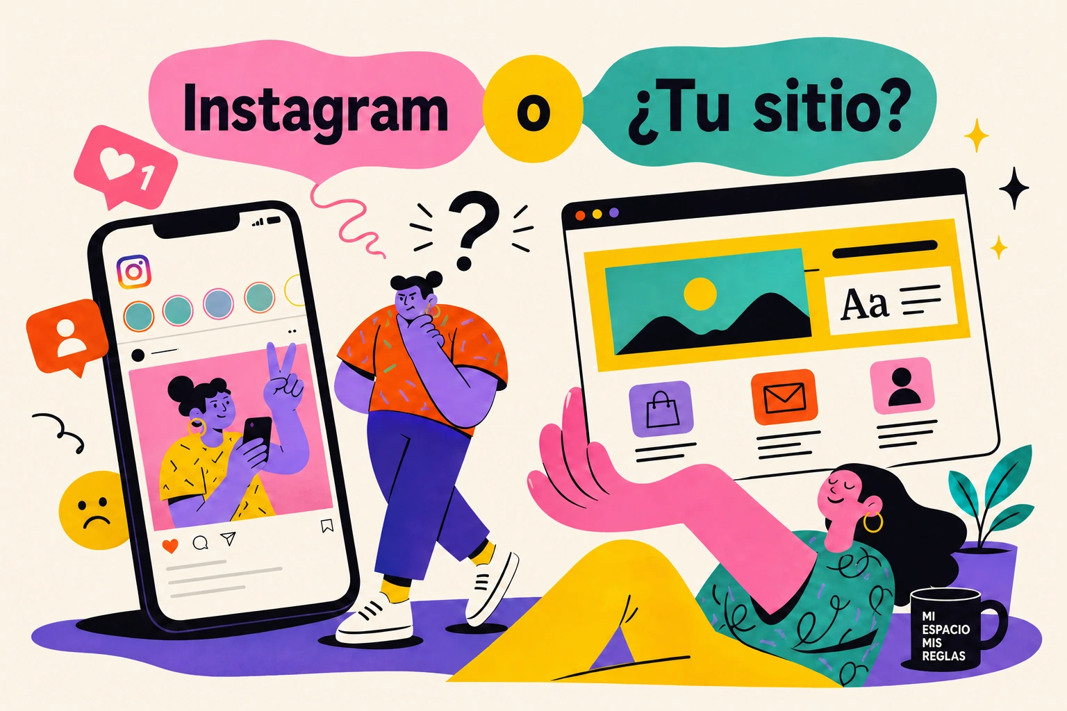 Ilustración sobre Instagram y el sitio web trabajando juntos.