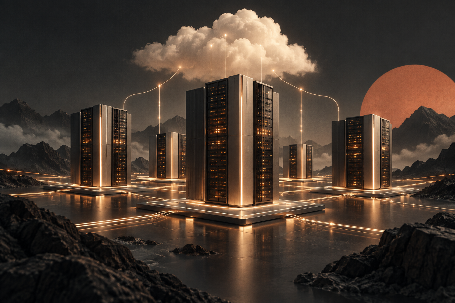Ilustração editorial de datacenters e infraestrutura digital